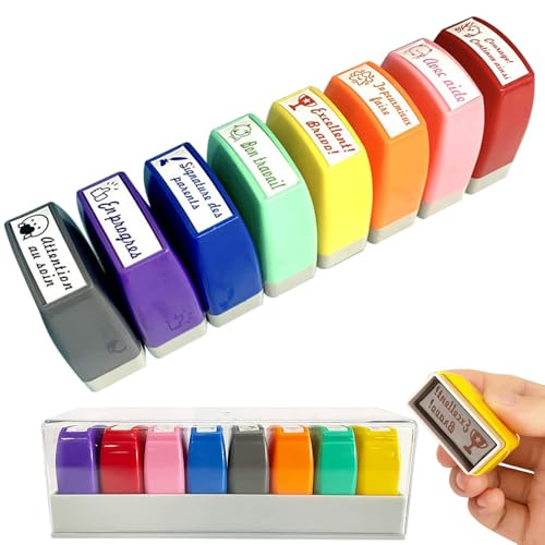 KQWVZ Tampons Enseignants Français, 8 PCS Tampon Encreur Enseignant, Tampon Professeur, TamponMaitresse D'École, Multicolore Tampons Autocolorants Encreur avec Boîte pour Encourager Élèves