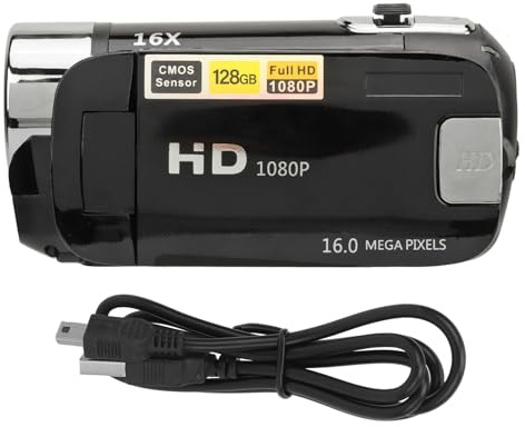 Yusat D90 1080P 16MP digitalkamera 6,5 cm roterbar skärmvideokamera 16 x zoom HD-videoinspelare med fyllning (svart)