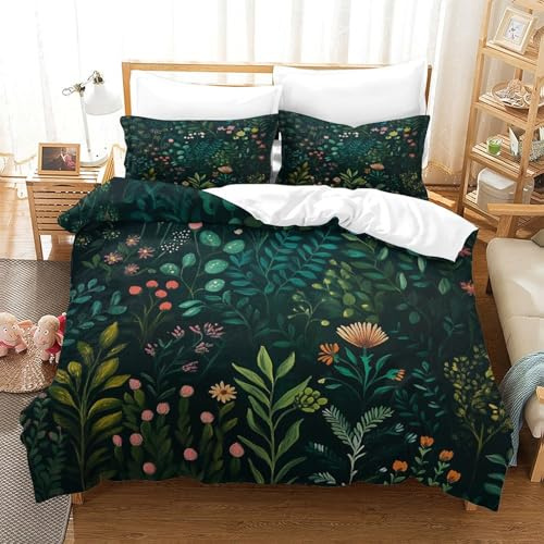 Green Duvet Cover Set with Pillowcase tree Branch Flower Dark Green Plant Duvet Quilt Cover 3D Bedding Set for Kids Boys Girls Teens Microfiber Comforter Cover Hidden Zipper Single（140x200cm）