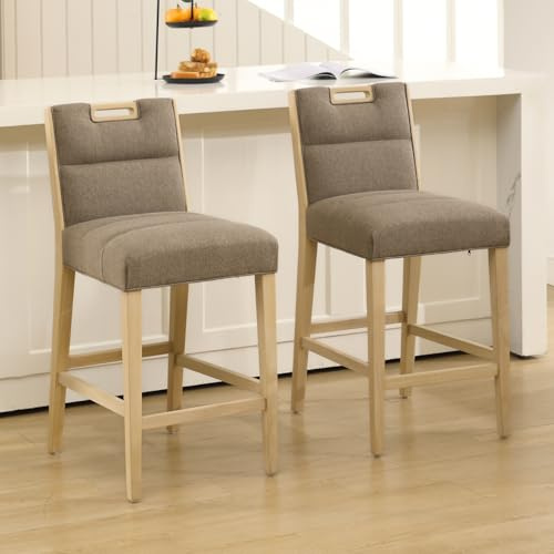 chairus Juego de 2 Taburetes de Bar de Madera sin Reposabrazos Silla Alta de Barra con Asiento Acolchado, Taburetes de Mostrador de Chenilla para Isla de Cocina/Cafetería, Marrón