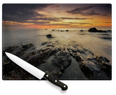 Planche à Découper en Verre Trempé - Coucher de Soleil sur une Mer de Récifs avec Brume - Protection Plan Travail et Dessous Plat Résistant Chaleur 2 Tailles Imprimé en France