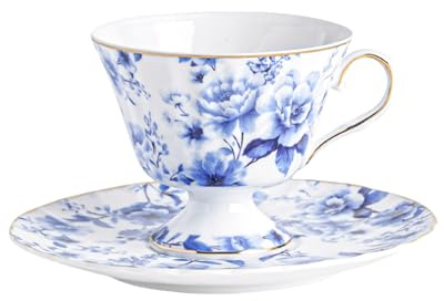 fanquare Elegante Set Tazzina da Caffè e Piattino in Porcellana 170ml,Tazza da Tè Vintage con Fiori Blu Set da Tè Pomeridiano in Ceramica con Bordo Dorato per tea party Casa e Ufficio