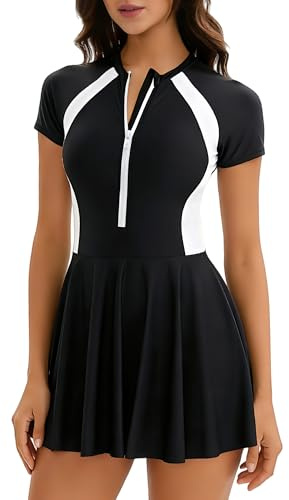 Ausing Womens Short Sleeve Swimdress Tummy Control Zip Up White M