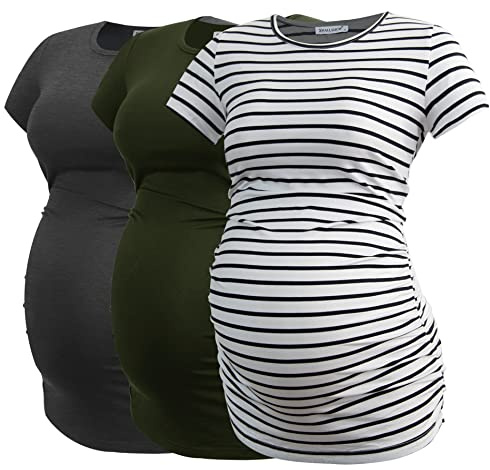 Smallshow Women's Maternity Shirt Side Ruched Tunic Pregnancy Top Clothes 3-Pack Dim Grey/Army Green/White Stripe X-Large