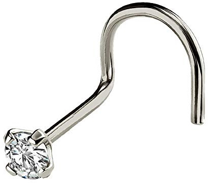 Jewelry Avalanche Solid 14Kt Gold Nose Screw, 24G (0.5mm) Nose Hook, Nose Stud, 14kt Yellow Gold or 14kt White Gold Nose Ring Prong Set CZ Accent-W2mm