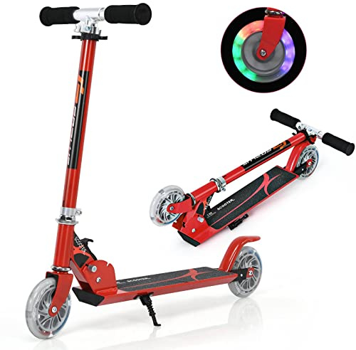 Maxmass Two Wheels Kick Scooter, Height Adjustable Kids Sport Scooters with Light-Up Wheels, Aluminum Folding Outdoor Scooter for Boys Girls, Weight Up to 70kg (Red)