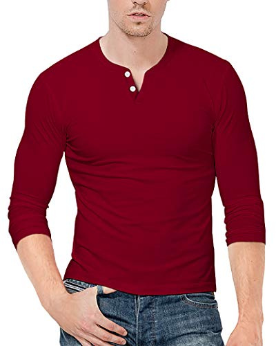 KUYIGO Hommes Slim Fit Manches Longues Costaud Mode Casual Henley T-Shirts Coton Chemises S Vin Rouge