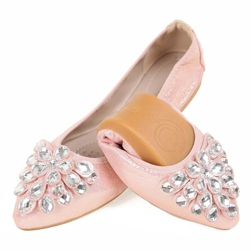 ZQKSEOHS Flats Shoes Women Rhinestone Pointed Toe Wedding Shoes Comfortable Slip on Ballet Flats Foldable Ballerina Shoes Dressy Flat Shoes for Women, Pink, 4 UK