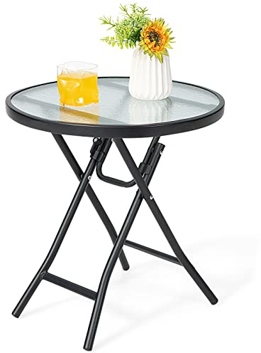 GOPLUS Sidobord runt, Ø 46 cm trädgårdsbord, vikbart av metall och härdat glas, balkongbord litet väderbeständigt, bistrobord, soffbord, terrassbord, utomhus för balkong, trädgård (transparent)