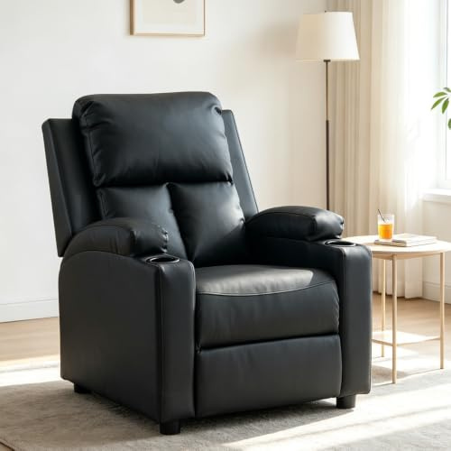 Rainbow Tree Black PU Leather Recliner Chairs with Cup Holders, Manual Push Back Recliner Sofa for Living Room, Bedroom, Fireside Cinema Lounge Reclining Chair, High Back Occasional Armchair