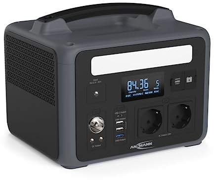 ANSMANN tragbare Powerstation mit 600 W, 640 Wh, 230 V/Portable Power Station mit Tragegriff ideal für Camping, Outdoor, Baustelle/Akku Generator mit Steckdosen und USB-Ausgängen