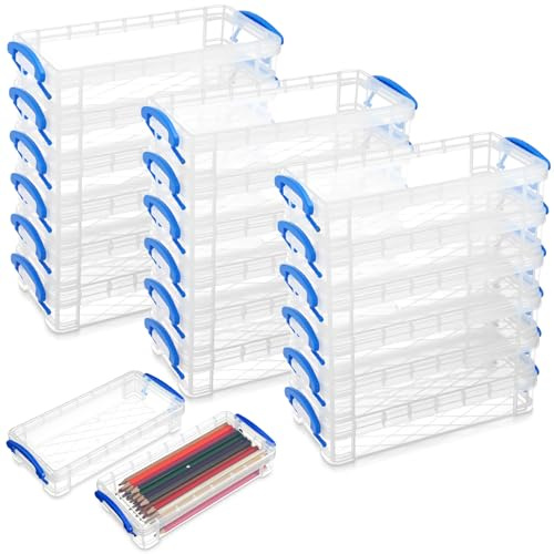 Gueevin 24 Pcs Large Capacity Plastic Pencil Box Clear Plastic Pencil Case Crayon Box with Snap Tight Lid Watercolor Pen Storage Brush Organizer Drawing Tools Container (Blue)