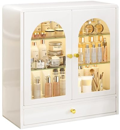 RZGZKLSH White Wall Mounted Metal Locker with Double Glass Door, Steel Display Cabinet with Glass Rack, for Dathroom,Home, Display Cabinet (with Drawers, White)