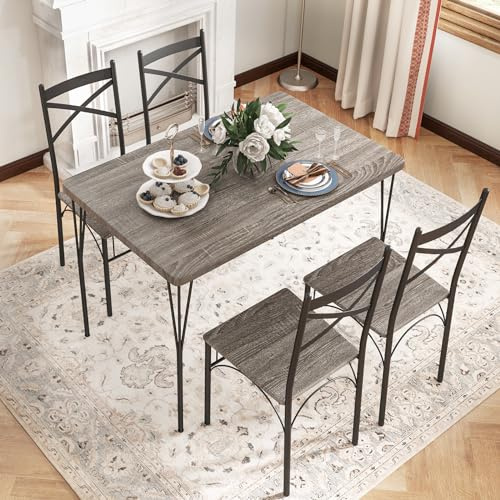 GIANTEX matbord med 4 stolar, 5 delar. Matsalsset, matgrupp sittgrupp för 4 personer, matsalsgrupp bordsgrupp metallram och trä, köksbord matbord med 4 stolar, set för kök