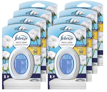 Febreze Petit Coin, Désodorisant WC En Continu (7.5ml x8), Parfum Pureté de Coton, Combat Les Odeurs en Continu, Fraîcheur Jusqu'à 50 Jours