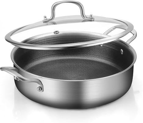 Tri-Ply Stainless Steel 7 Quarts Saute Pan, 12 Inch Nonstick Skillet with lids, Fast even Heat cookware, Hybird Large Frying Pan, 18/10 Chef's Cooking Pan, Induction Pan, Dishwasher and Oven Safe