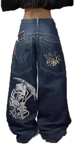 Vagbalena Uomini Donne Y2K Street Hip Hop Jeans Stampa Teschio Pantaloni Larghi a Gamba Larga Draggy Grandi Tasche Stampa Gotica Unisex Jeans Denim a Vita Alta (Blu,M)