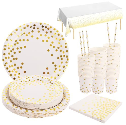 DAJAVE 251 Pcs Party Plates and Napkins, Gold and White Party Paper Plates Cups and Napkins Straws Tablecloth Golden Dot Disposable Partys Tableware Set for Birthday, Wedding, Parties - 50 Guests