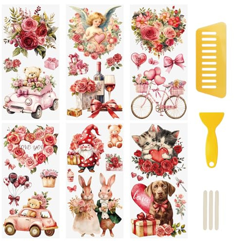 WANDIC 6PCS Vintage Valentine Rub On Transfer Stickers, Love You Phrase Transfer Decals Show Love Stickers for Furniture Scrapbooking Window, 15 * 30cm