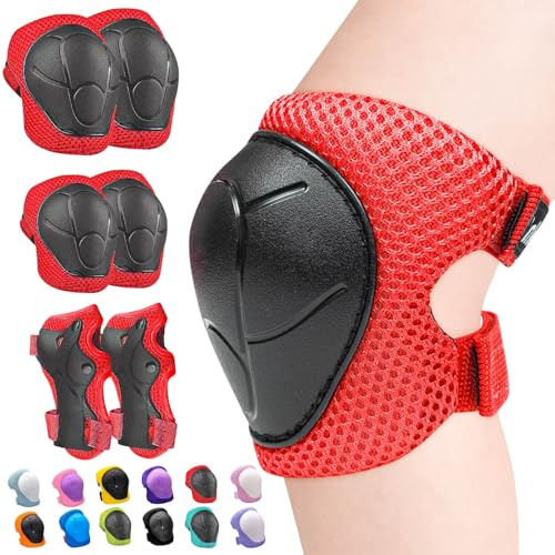 Inkidio Ginocchiere per bambini, set di protezioni per ginocchia e gomiti, con protezione per il polso, per ragazze e ragazzi, pattini a rotelle, scooter, ciclismo, skateboard (M Red)