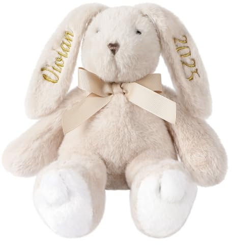Jodimitty Hase Personalisiertes Kuscheltier 21-31cm Weich Süß Hase Plüschtier Baby Geschenk, gestickten Text auf Ohren, Geschenkidee zur Geburt Geburtstag Ostern Weihnachten (Beige)