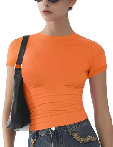 Womens Basic Short Sleeve Slim Fit T Shirts Soft Crewneck Crop Y2k Tees Summer Stretchy Cute Tops Orange L