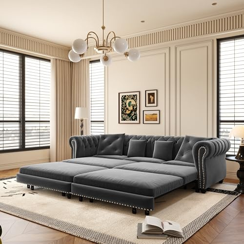 89 Velvet Pull Out Sofa Bed - 3-in-1 Convertible Sleeper Sofa with Ottoman, Button Tufted Chesterfield Sofa, Pull-out King Size Couch Bed, Space Saving for Small Spaces Apartments, Living Room, Grey