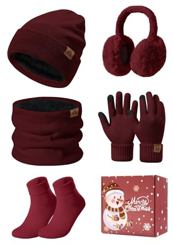 Niwicee stickad mössa och halsduk set 5 st vinter set varm fleece fodrad mössa hatt halsduk och pekskärm handskar set skidor kvinnor utflykt öronvärmare termiska strumpor set för utomhussport, Vinrött