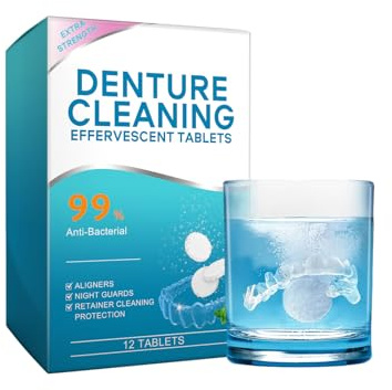Lot de 12 tablettes hygiéniques nettoyantes pour prothèses dentaires - Nettoie en profondeur les appareils dentaires - Alignement dans l'eau chaude - Solution de nettoyage hygiénique pour