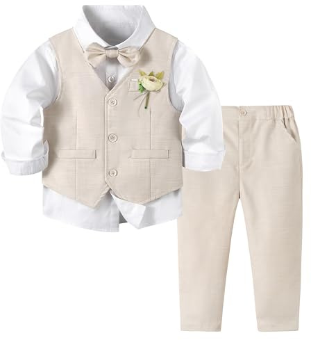 Volunboy Elegant klädset för barn, pojkar, bröllopsceremoni, kostym, 4 delar, långärmad skjorta + fluga + väst + byxor