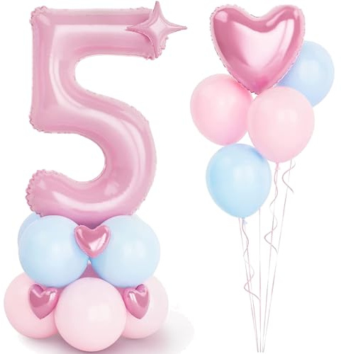 5th Birthday Decorations Girls 5 Balloons Birthday Girl, Pink and Blue Balloons Set, 40 Inch Pink Number 5 Balloons, Helium Foil Mylar Party Decora
