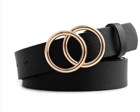 Black Women’s Belt with a Double-Ring Gold Buckle and Durable Faux Leather Design,Offering an Adjustable Comfortable Fit for Dresses Jeans and High-Waist Outfits with a Chic Modern Touch (Black)
