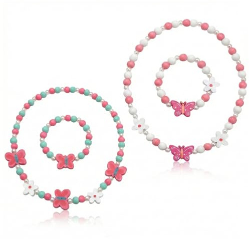 VEOIRXU 4 Piezas Joyas de Madera para Niñas con Mariposa Collar y Pulsera Collar Elástico de Mariposa Conjunto Pulsera de Collar de Niña Pequeñ Joyería de Princesa Pequeña Collares Regalo para Niños