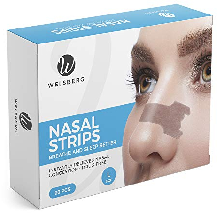 Welsberg 90 Stück Nasenstreifen, Anti-Schnarch-Hilfe, Schnarchstopper-Pflaster, Nasenverstopfung lindern, besser atmen im Schlaf Sport-Nasenpflaster für Männer Frauen, Größe L, 66x19 mm