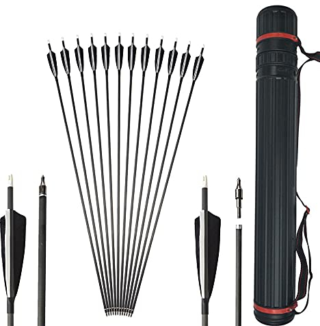 SHARROW 6/12 Stück Pfeile, 35 Zoll Carbonpfeile Bogenpfeile Jagdpfeile Spine 500 mit 4'' Feder für Bogenschießen, Recurvebogen, Langbogen und traditionellen Bogen, mit Pfeil Köcher (12 pcs+1 Köcher)