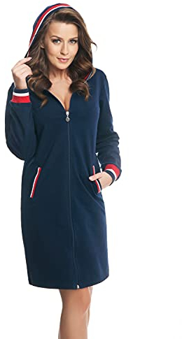 DOROTA kuscheliger und moderner Damen Bademantel, mit Reißverschluss, Taschen & Kapuze, made in EU, dunkelblau-rot, Gr. M