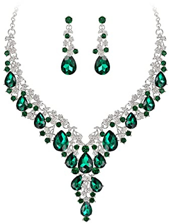 Clearine Juegos de Joyas de Mujer Boda Nupcial Joyería Conjunto Lágrima Strass Racimo Declaración Collar Pendientes Colgantes Bisutería,Color Verde Plata-Tono