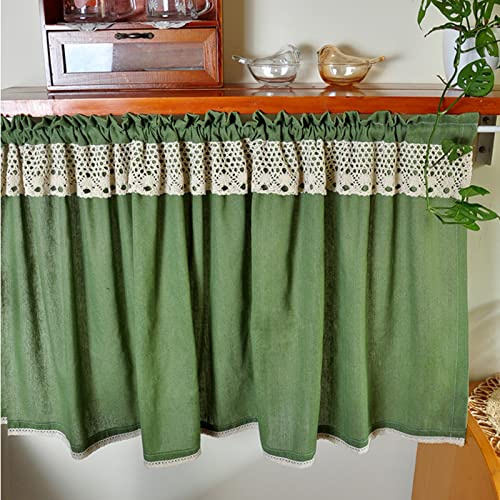 YQMHEZ Vintage gröna köksgardiner, halva mörkläggningsgardiner, gardiner i lantlig stil med bomullstrådsväv, för dekoration av matsal, badrum, lanthus (storlek: B 140 x H 40 cm/55,0 x 15,7 tum)