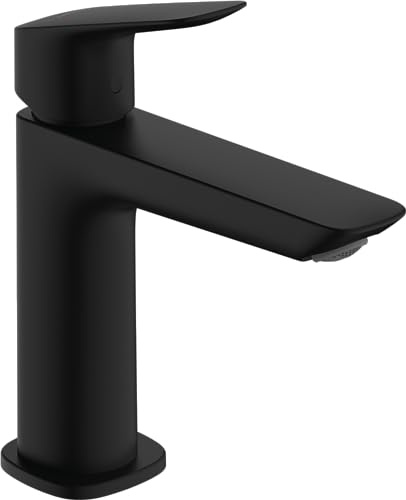 hansgrohe Logis - Tvättställsblandare med push-open ventil, Vattenkran badrum med utloppshöjd 110 mm, Badrumskran vattenbesparande (EcoSmart), matt svart, 71252670