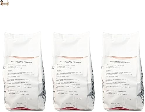 BricoLoco.com Metabisulfito de potasio. ¡¡Pack 3 KGS. (3x1kg.)!! Metabisulfito potásico E-224. Uso en fermento y elaboración Vino y Cerveza. Sulfuroso antioxidante Vino. (3)