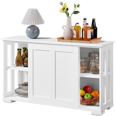 Yaheetech Aparador Armario de Cocina Aparador para Salon con Puerta Corredera Vitrinas de Estrecho para Salón Sala de Estar 107 x 33 x 63.5 cm Blanco