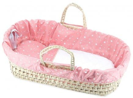Grand couffin Poupee 36 a 50 cm avec Oreiller et Couverture - Corail Motifs Etoiles, Palme Tresse - Set Accessoire Poupon + Carte