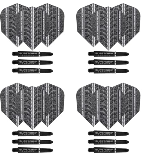 Harrows Darts 4 x Sets Supergrip Carbon-Dartschäfte und Supergrip Ultra Dart-Flights – 12 Dart-Schäfte, 12 Dart-Flights insgesamt – mittel und kurz (schwarz, kurz)
