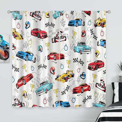 Cinbloo Race Car Curtains for Kids Bedroom 42Wx63H Inch Rod Pocket Boys Curtains Cool Cartoon Red Blue Car Flag Art Printed Toddler Nursery Children Living Room Playroom Window Drapes Fabric 2 Panels