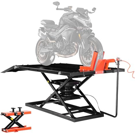 VEVOR Cric de Moto avec Capacité de Charge 680 kg, Pont Élévateur Pneumatique Hauteur de Levage 18-94 cm, Table de Levage de Moto Stable avec Établi Amovible, pour Entretien Réparation Quad VTT