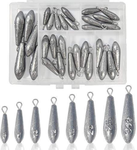 INCETUE 30 Pcs Sea Fishing Weights Set, Mixed 8 Small Sizes Fishing Sinkers 5g 7g 10g 12g 15g 20g 25g 30g, Metal Fishing Sinkers Weights with Box for Saltwater Freshwater River