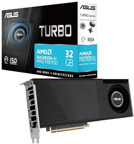 ASUS Turbo Radeon AI PRO 32GB R9700 Workstation Grafikkarte (AMD RDNA 4, 2-Slot Design, 32GB GDDR6 VRAM, KI-gesteuerte Workflows, PCIE 5.0, 1x HDMI 2.1b, 3X DisplayPort 2.1a, TURBO-AI-PRO-R9700-32G)