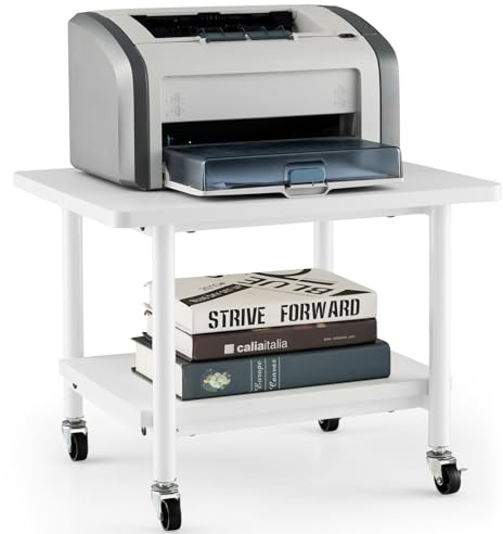 GOPLUS Druckertisch mit Räder, Rollcontainer mit 2 Ablagen, Rollwagen für Schreibtisch, Drucker Ständer aus Metall und Holz, um 360° Drehbare Räder, Multifunktionswagen für Zuhause Büro (Ganzweiß)