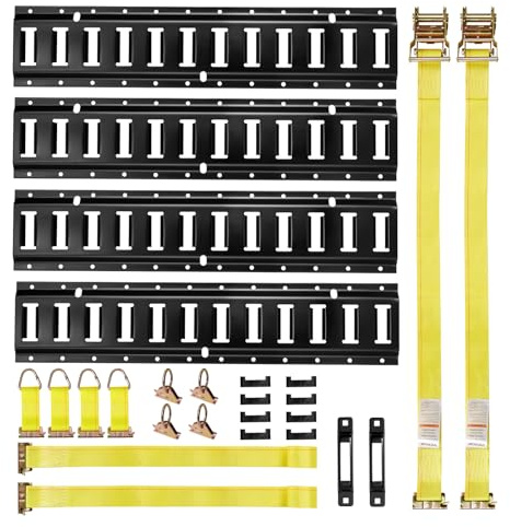 VEVOR Kit de 4 Rieles de Amarre E-Track de 0,6 m, con 2 Correas de Trinquete, 4 Juntas Tóricas, 4 Correas de Amarre con Anilla en D, 2 Ranuras Individuales y 8 Tapas de Extremo, para Garajes