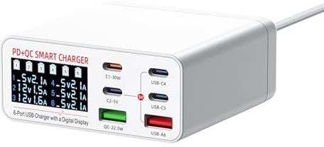 Zhjvihx 6 Ports Bordsladdare, Smart Digital Display 55W Multi Device Laddstation med överladdning Kortslutningsskydd för överspänning, för Telefoner Tabletter Hörlurar Bärbara Datorer (EU)